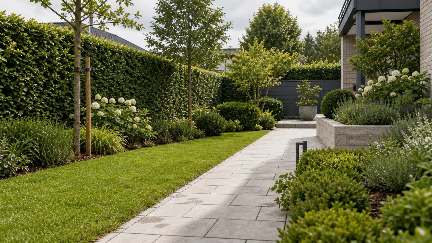 Gepflegter Garten mit Pflasterweg und Grünflächen als Beispiel für Gartenbau und Gartenpflege