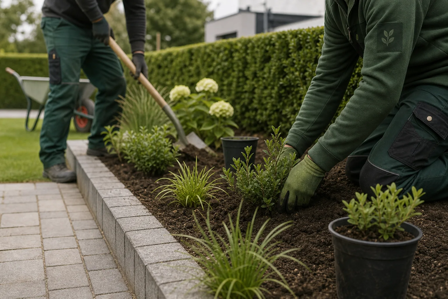 Hände bei Pflanzarbeiten in einem Beet als Beispiel für Gartenpflege