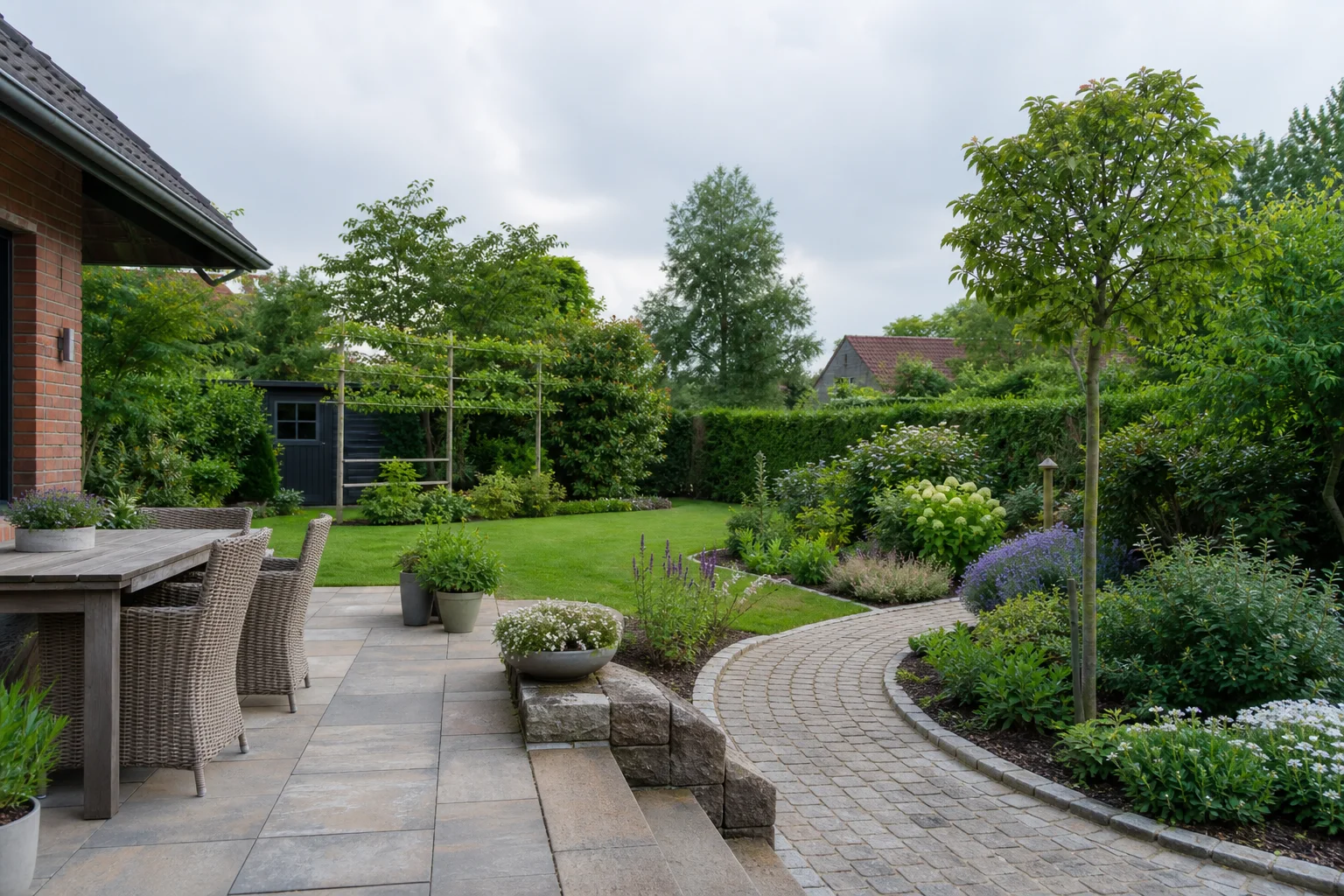 Beispielbild für Gartengestaltung: strukturierter Garten mit Terrasse, Pflasterweg, Rasen und Bepflanzung