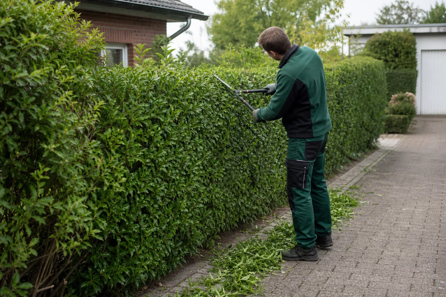 Beispielbild für Heckenschnitt: Gartenarbeiter schneidet eine grüne Hecke an einem gepflasterten Weg
