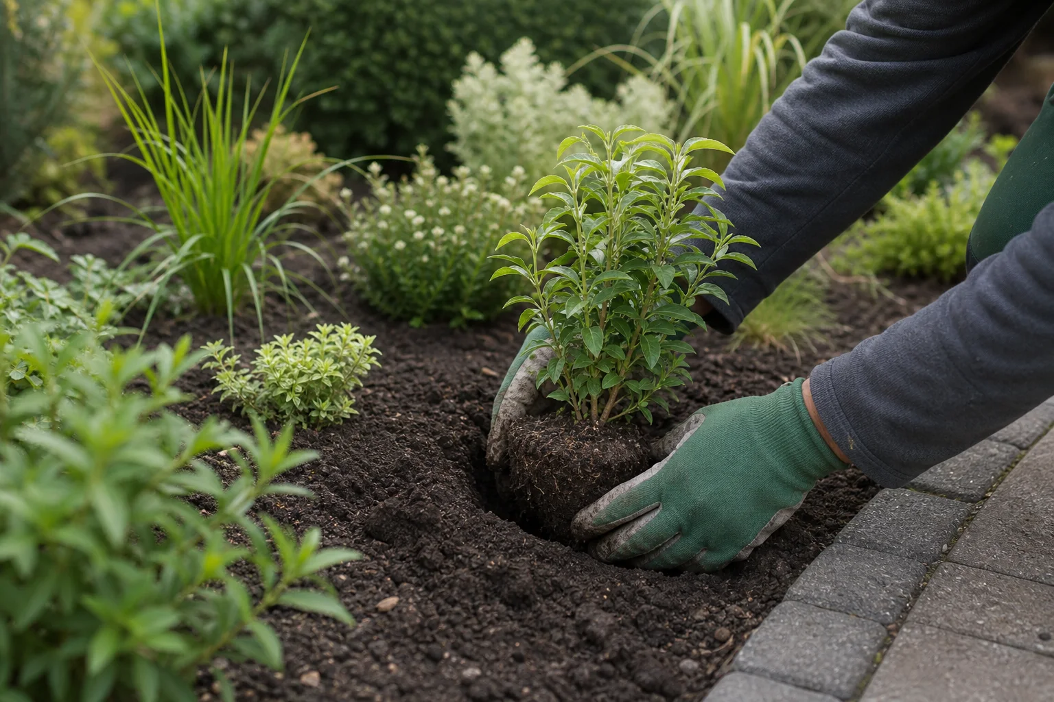 Beispielbild für Pflanzarbeiten: Hände setzen eine junge Pflanze in ein vorbereitetes Gartenbeet