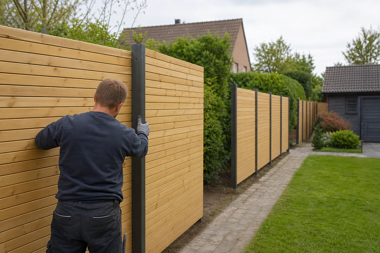 Beispielbild für Zaunbau: Holzzaun wird in einem gepflegten Garten entlang eines Weges montiert